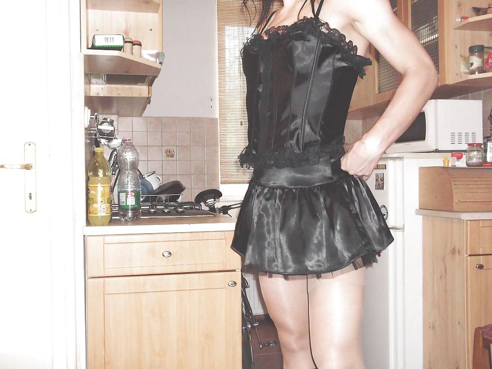 10P Black satin mini skirt and black satin corset