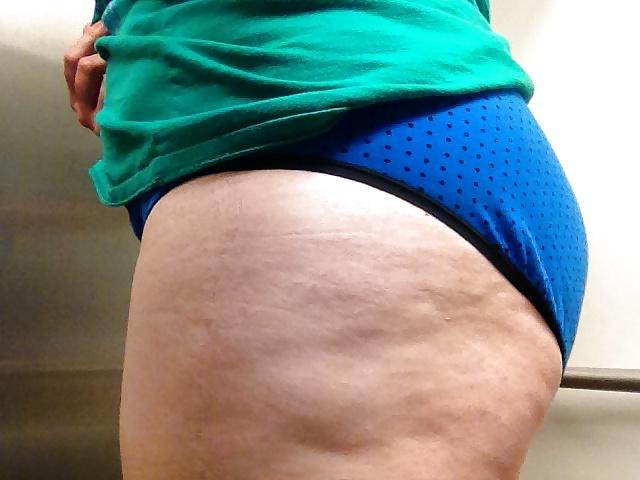 8P Showing off blue & black panties at work