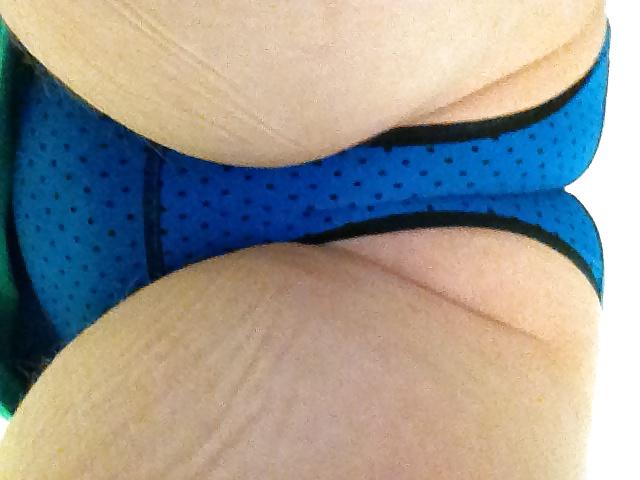 8P Showing off blue & black panties at work