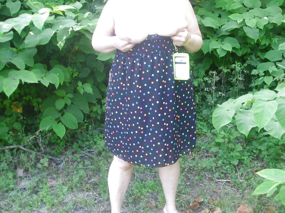 22P Polka dot dress outdoor flash, upskirt, smoken, an feet.