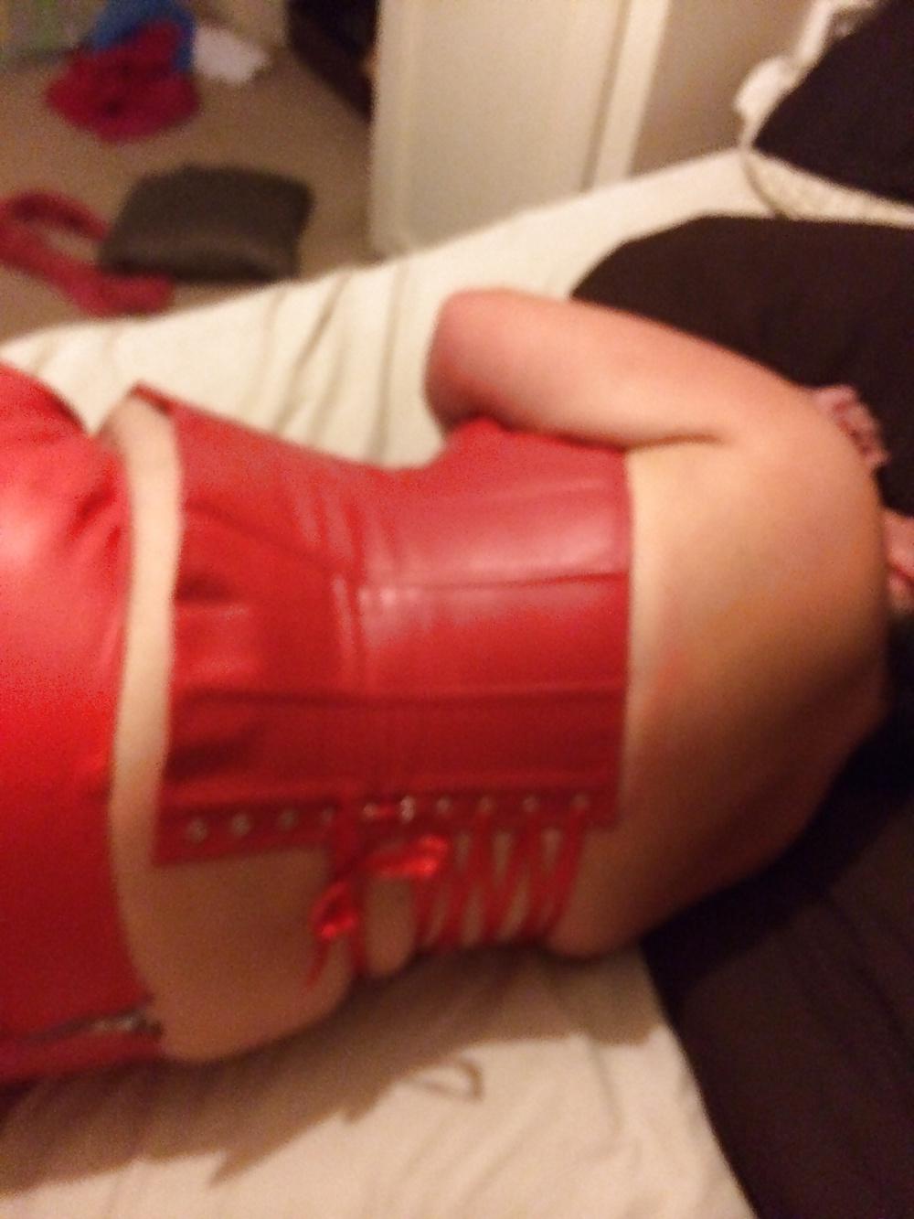 7P My new red leather corset. X