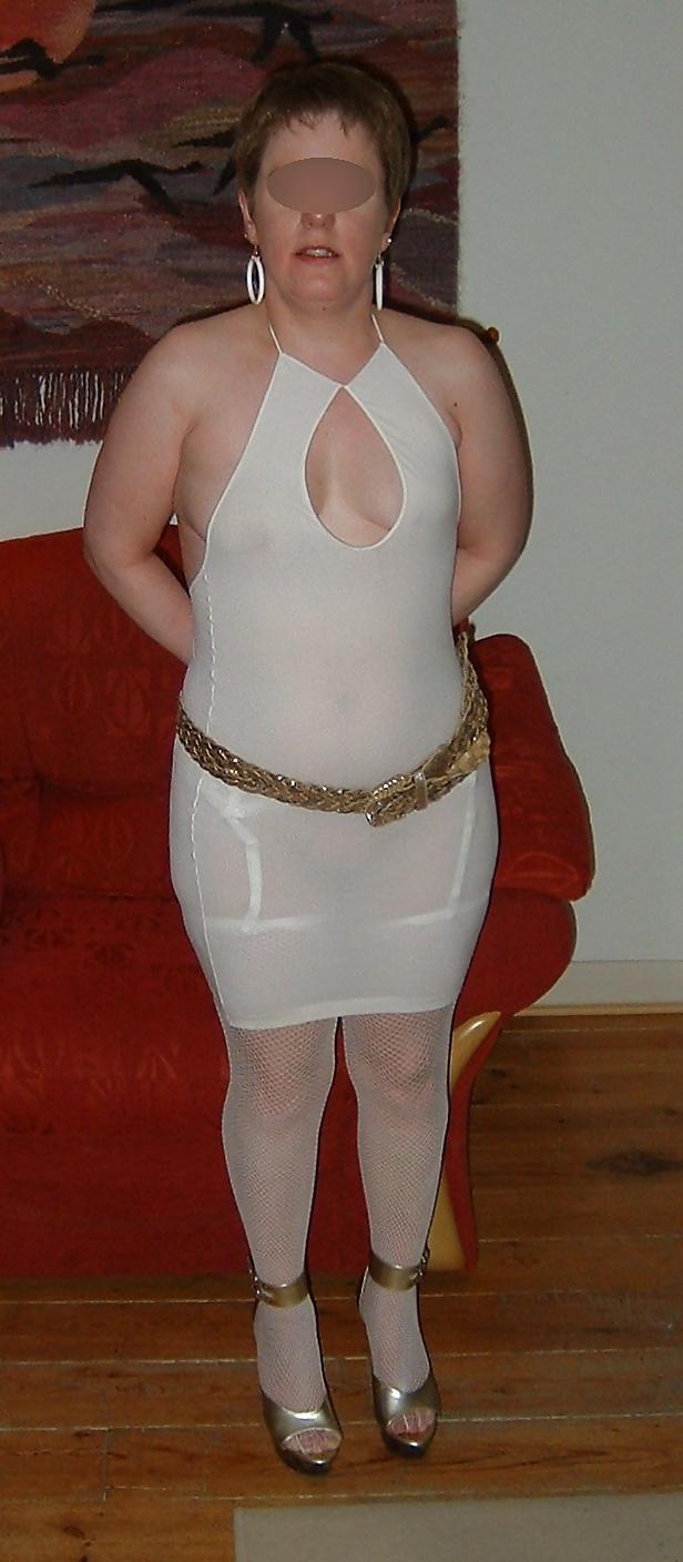 18P Transparent white dress and fishnet stockings
