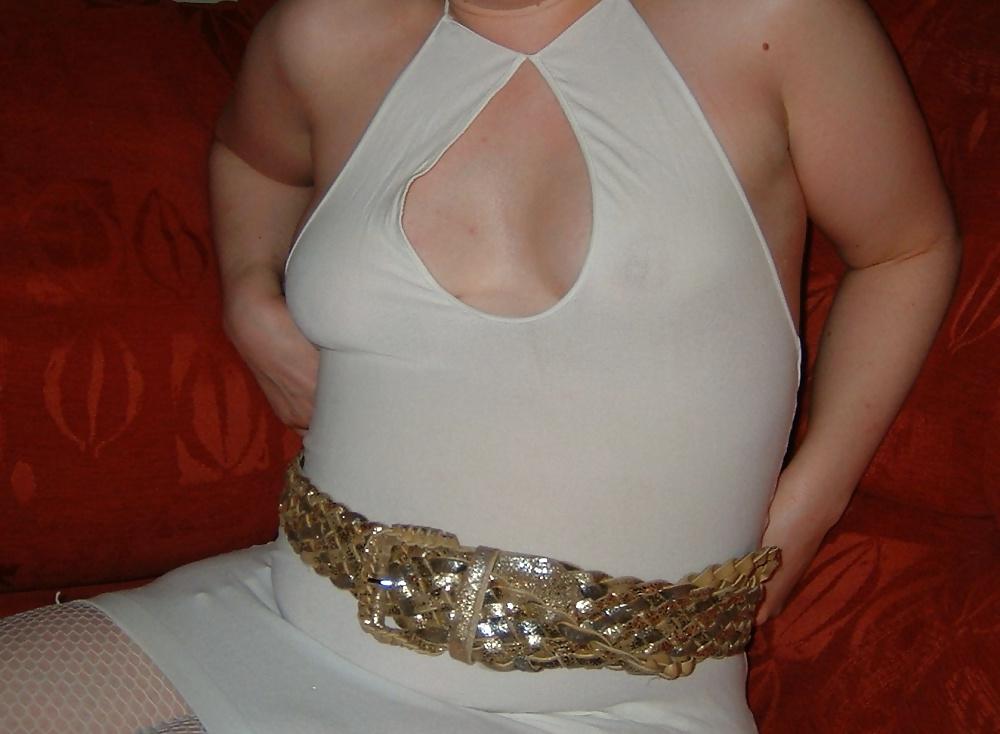 18P Transparent white dress and fishnet stockings