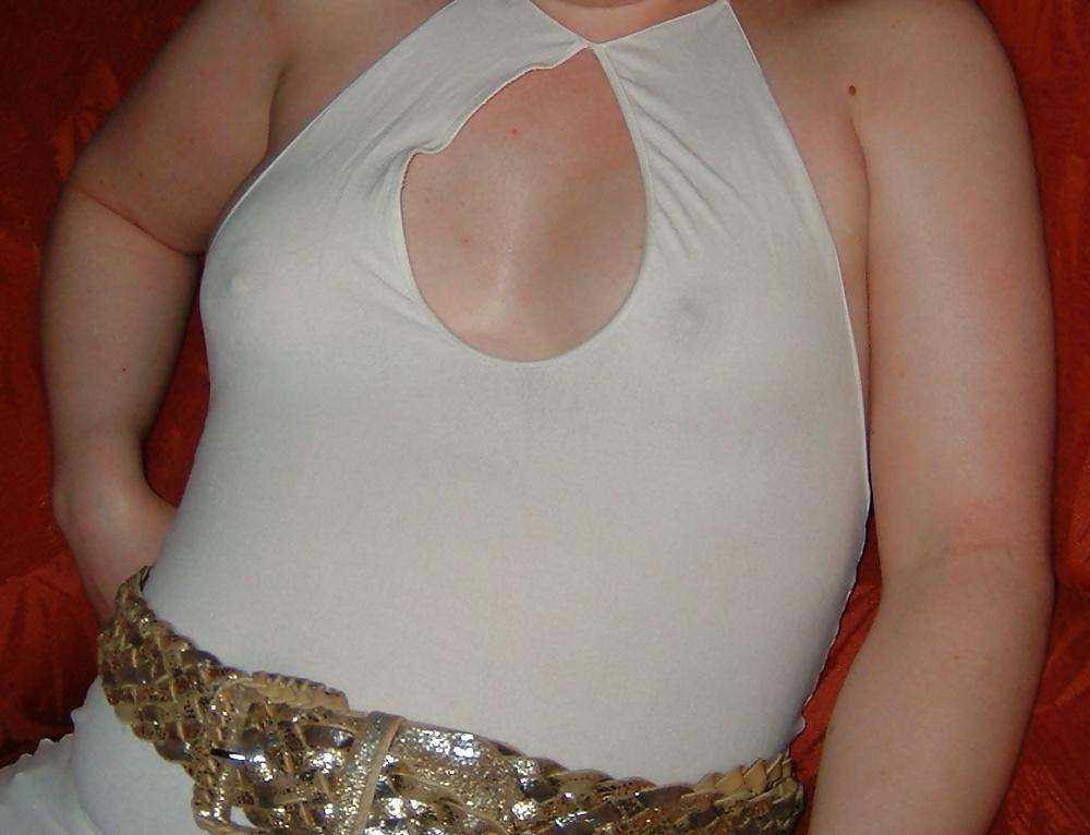 18P Transparent white dress and fishnet stockings