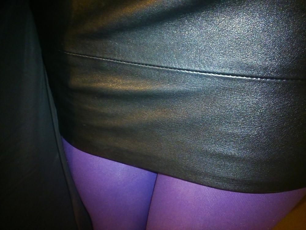 15P Feet And Legs In Purple Stockings, Leather Dress And Heels
