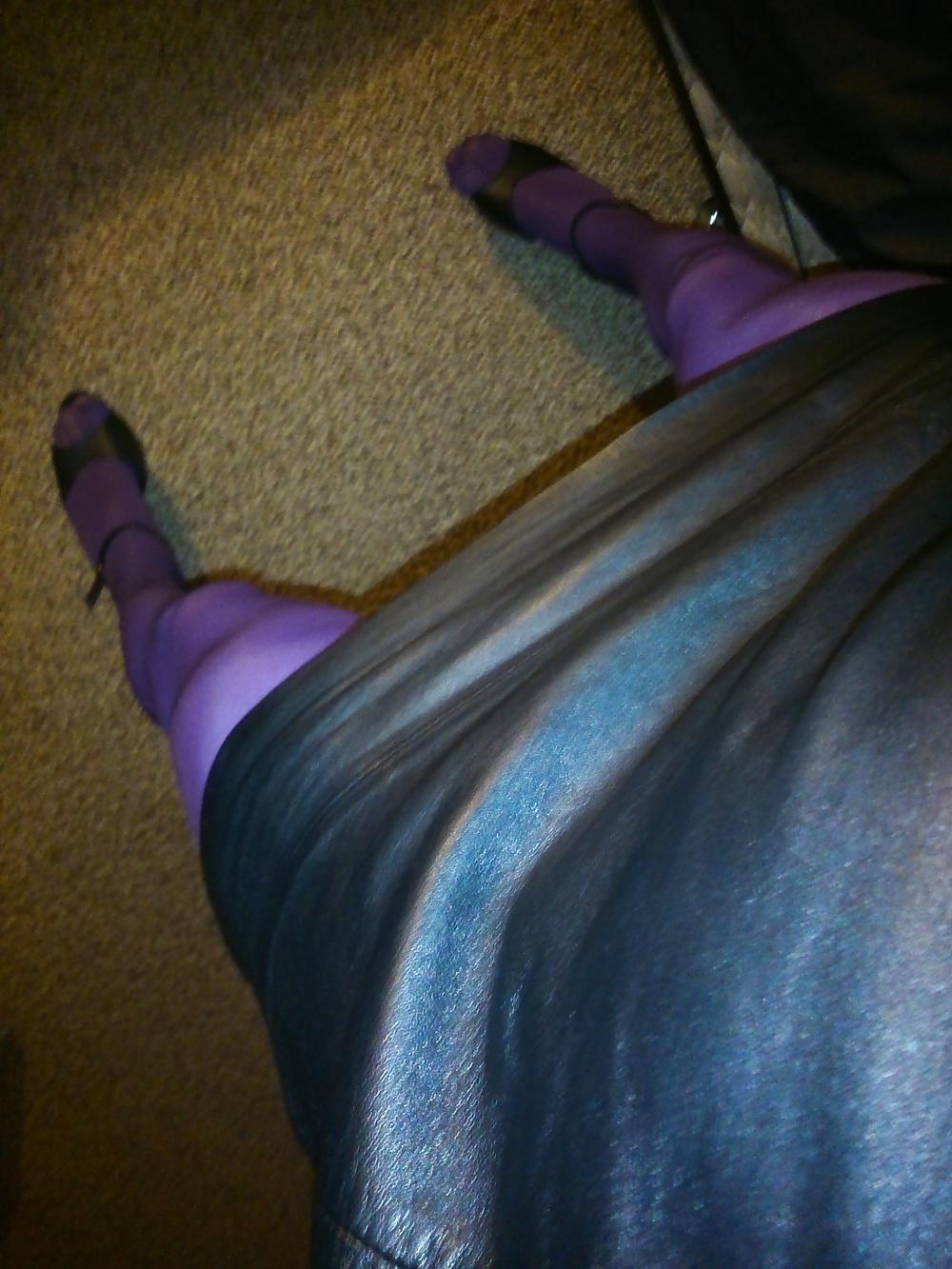 15P Feet And Legs In Purple Stockings, Leather Dress And Heels