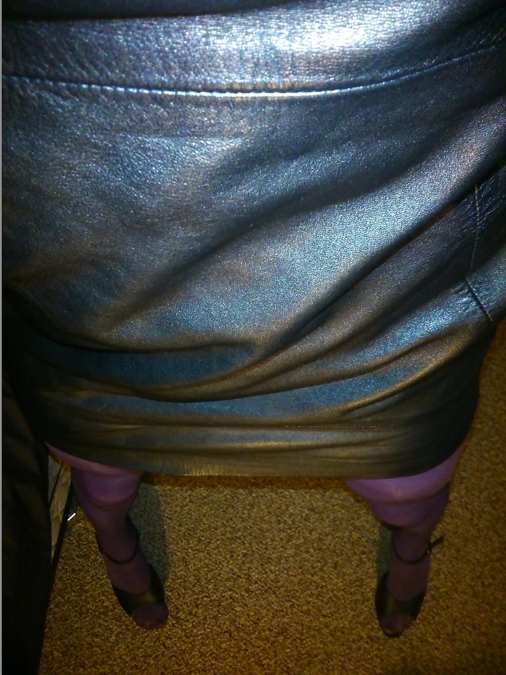 15P Feet And Legs In Purple Stockings, Leather Dress And Heels