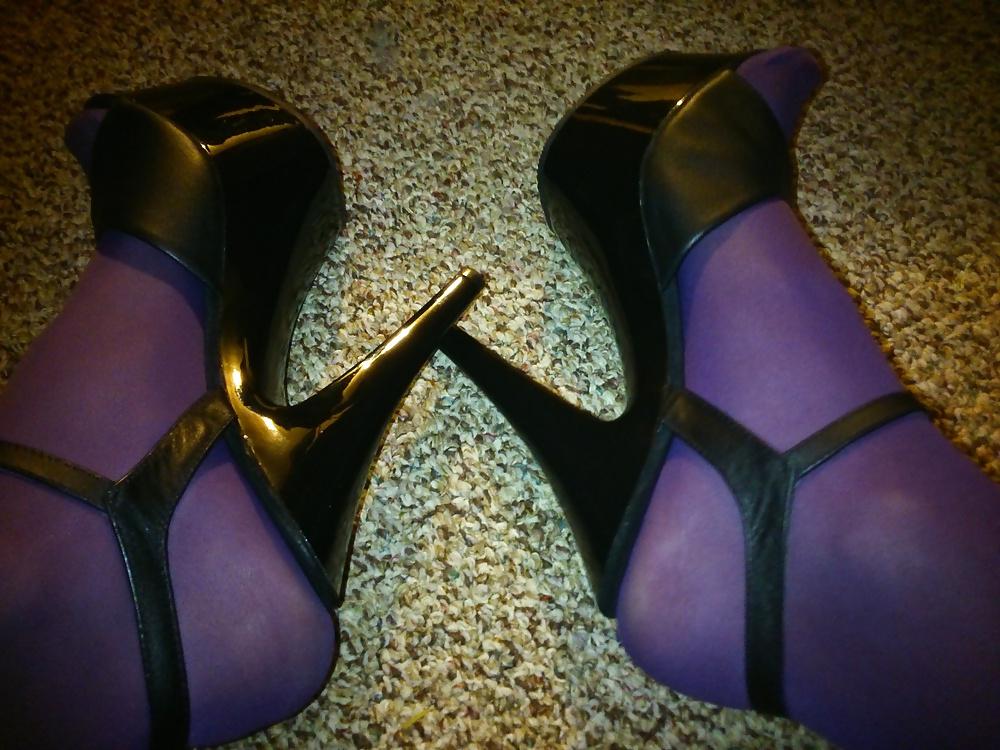 15P Feet And Legs In Purple Stockings, Leather Dress And Heels