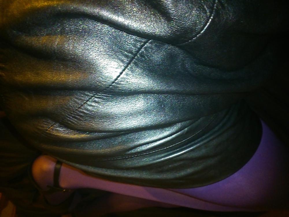 15P Feet And Legs In Purple Stockings, Leather Dress And Heels