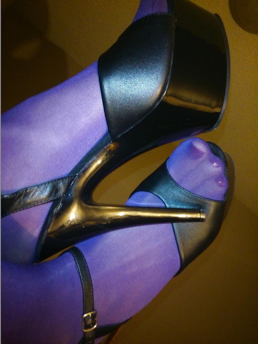 15P Feet And Legs In Purple Stockings, Leather Dress And Heels