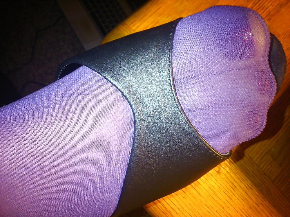 15P Feet And Legs In Purple Stockings, Leather Dress And Heels
