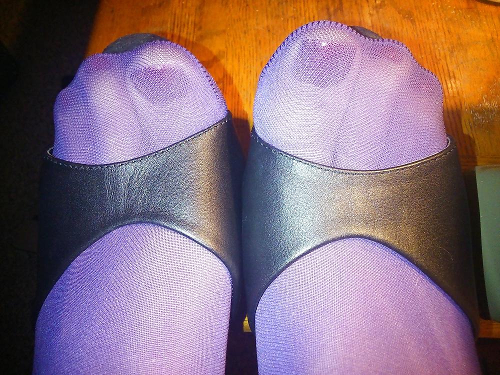 15P Feet And Legs In Purple Stockings, Leather Dress And Heels