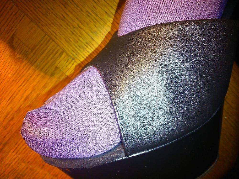 15P Feet And Legs In Purple Stockings, Leather Dress And Heels