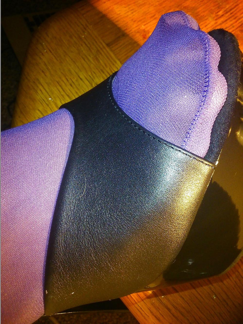 15P Feet And Legs In Purple Stockings, Leather Dress And Heels