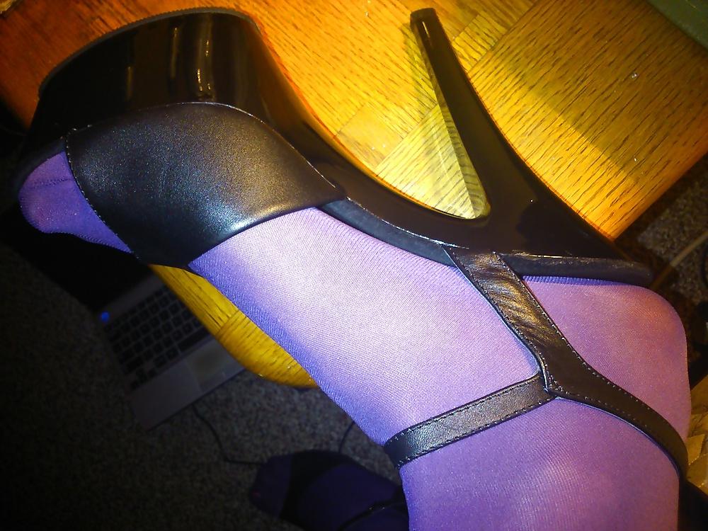 15P Feet And Legs In Purple Stockings, Leather Dress And Heels