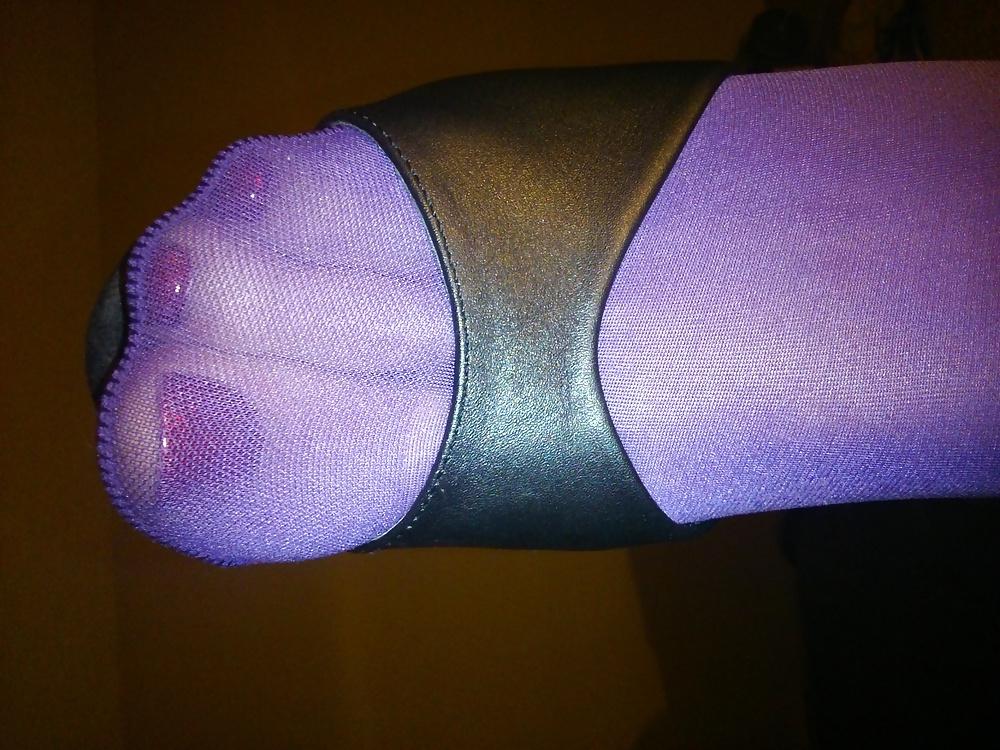 15P Feet And Legs In Purple Stockings, Leather Dress And Heels