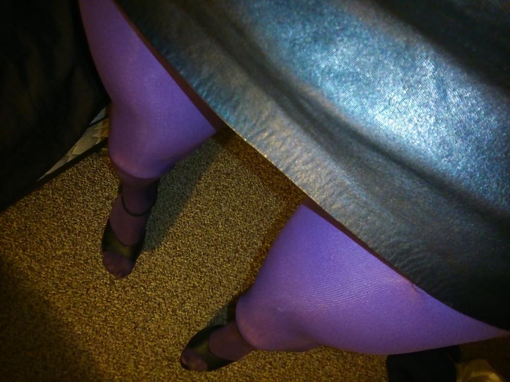 15P Feet And Legs In Purple Stockings, Leather Dress And Heels