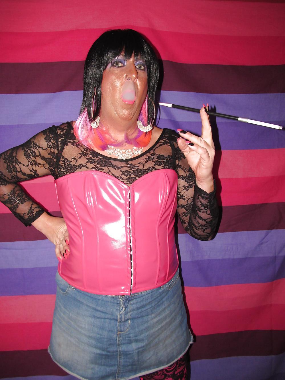 14P Chrissie in her new pink PVC corset 