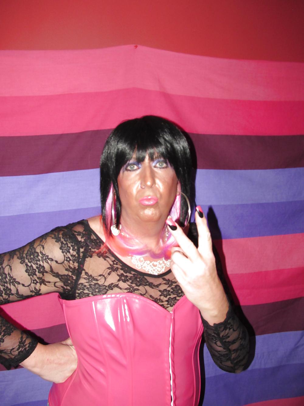 14P Chrissie in her new pink PVC corset 