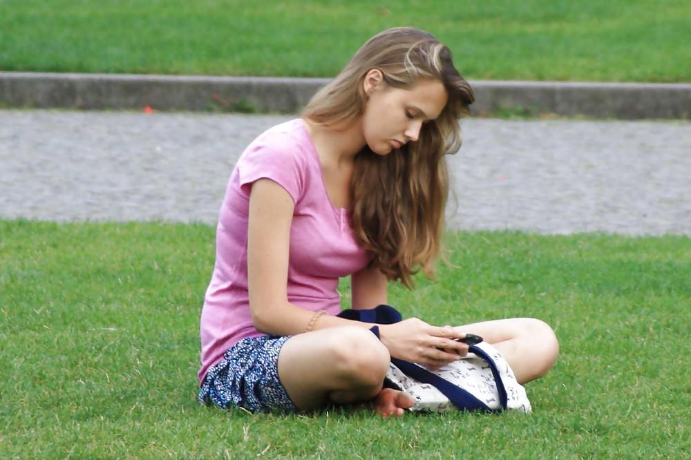 9P Skinny brunette girl with blue skirt