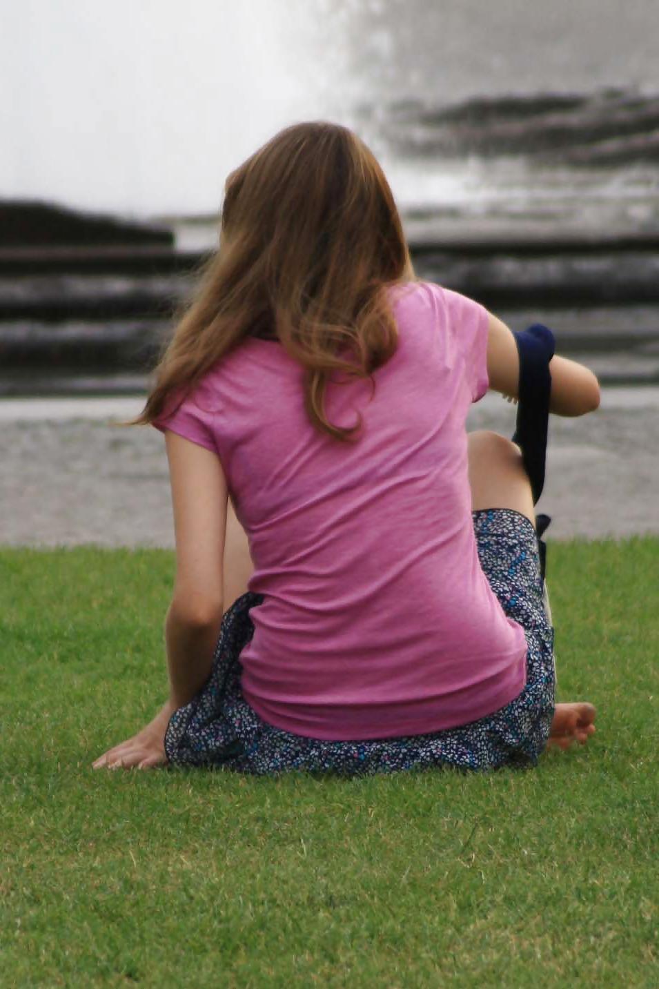 9P Skinny brunette girl with blue skirt