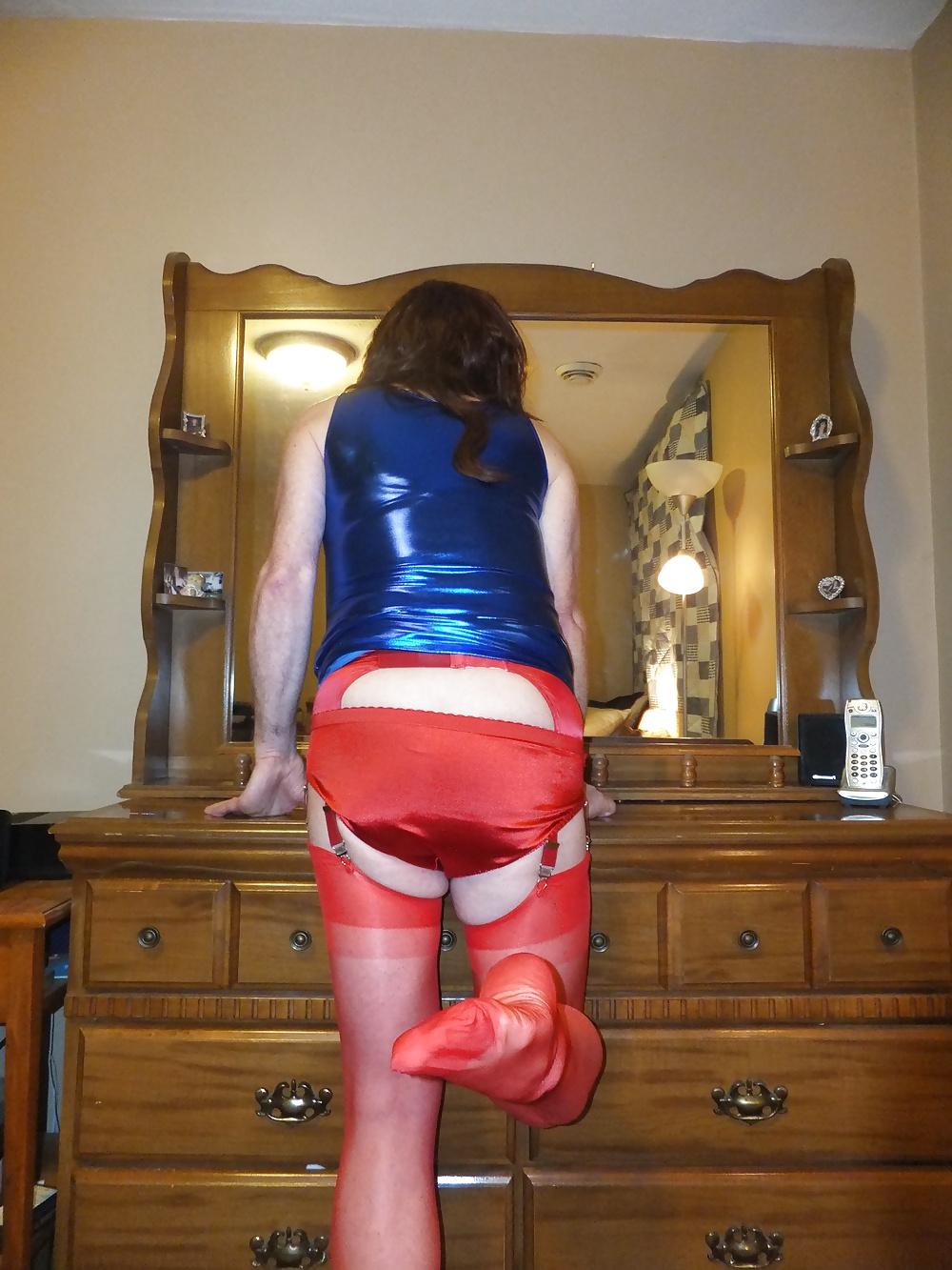 15P New Blue Satin Sinny Dress, with Red Stockings n Garters!