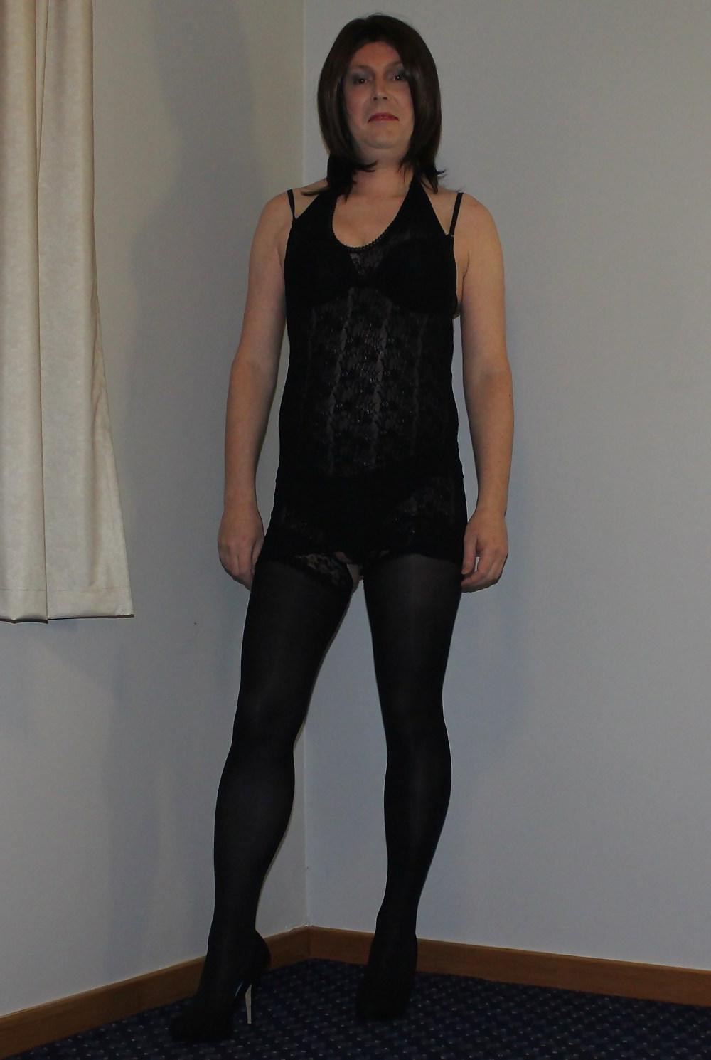 19P Shemale Emma Lee in black lace dress and hold up stockings