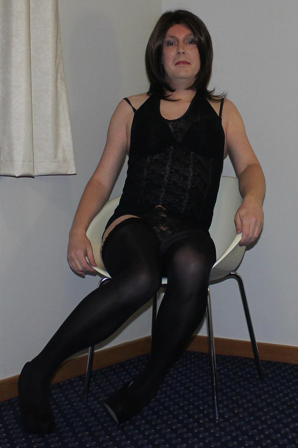 19P Shemale Emma Lee in black lace dress and hold up stockings