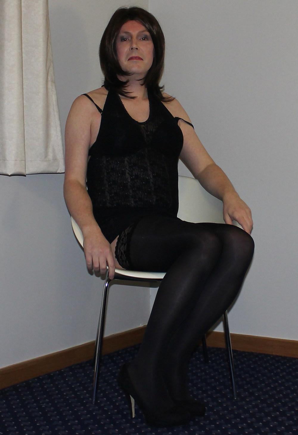 19P Shemale Emma Lee in black lace dress and hold up stockings