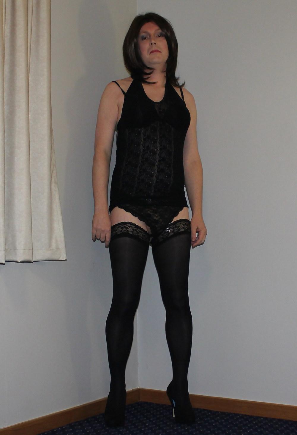 19P Shemale Emma Lee in black lace dress and hold up stockings