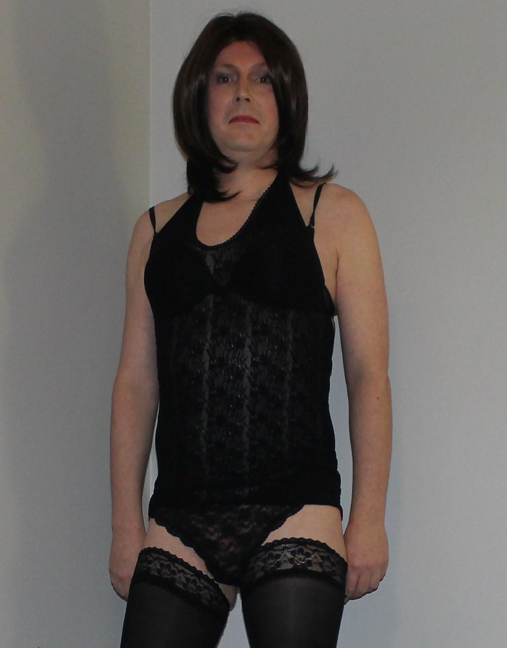 19P Shemale Emma Lee in black lace dress and hold up stockings