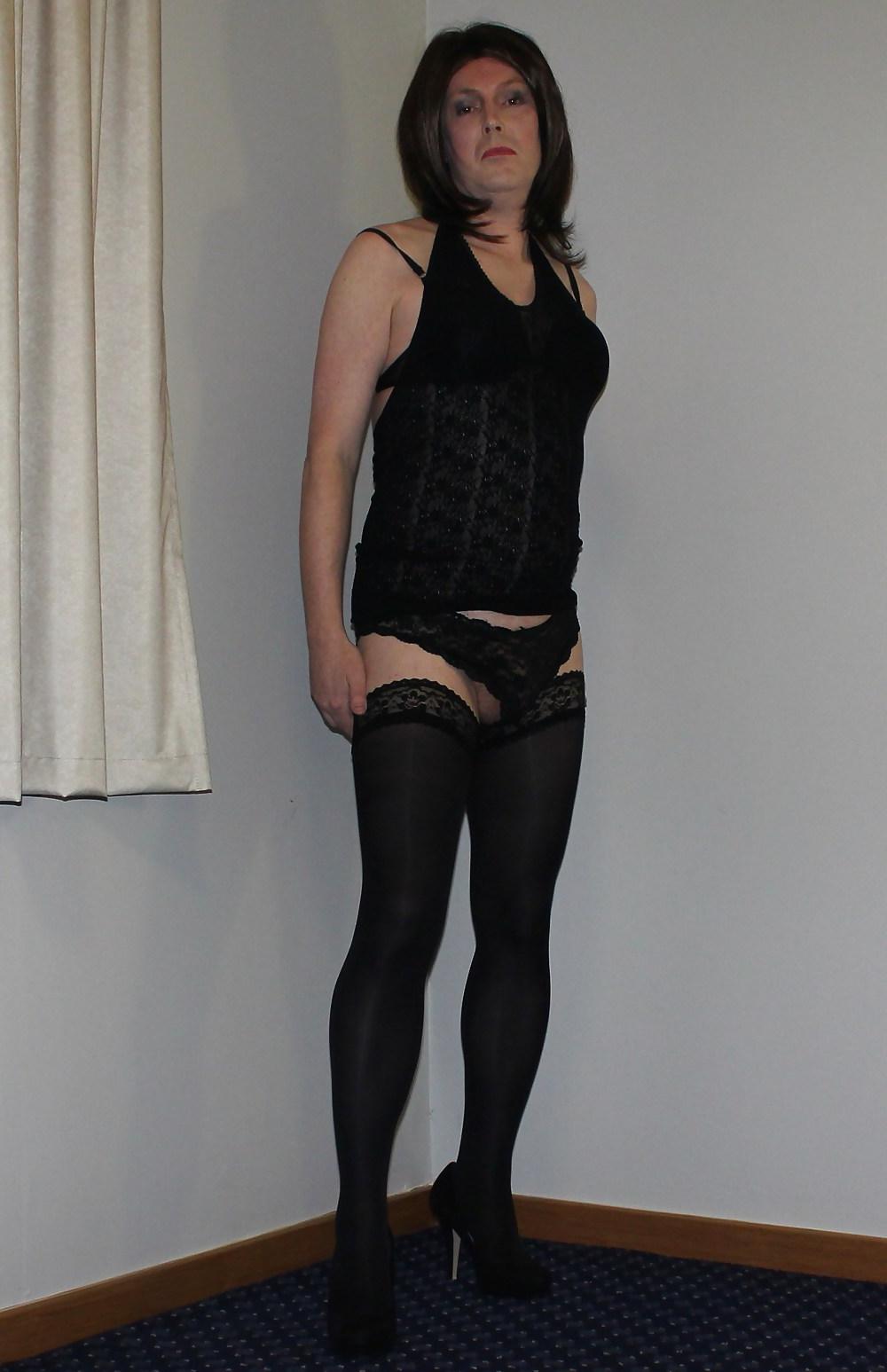 19P Shemale Emma Lee in black lace dress and hold up stockings