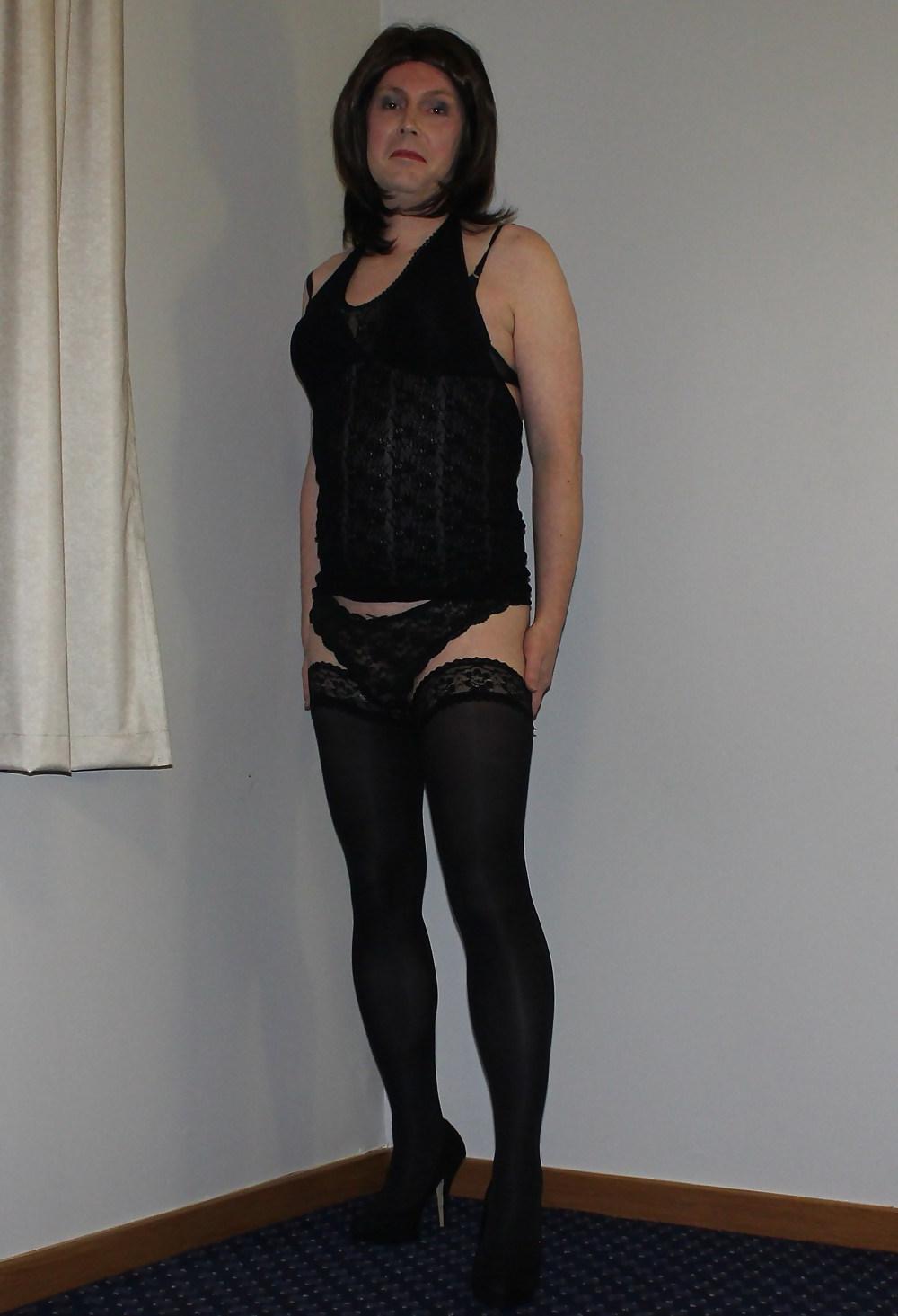 19P Shemale Emma Lee in black lace dress and hold up stockings