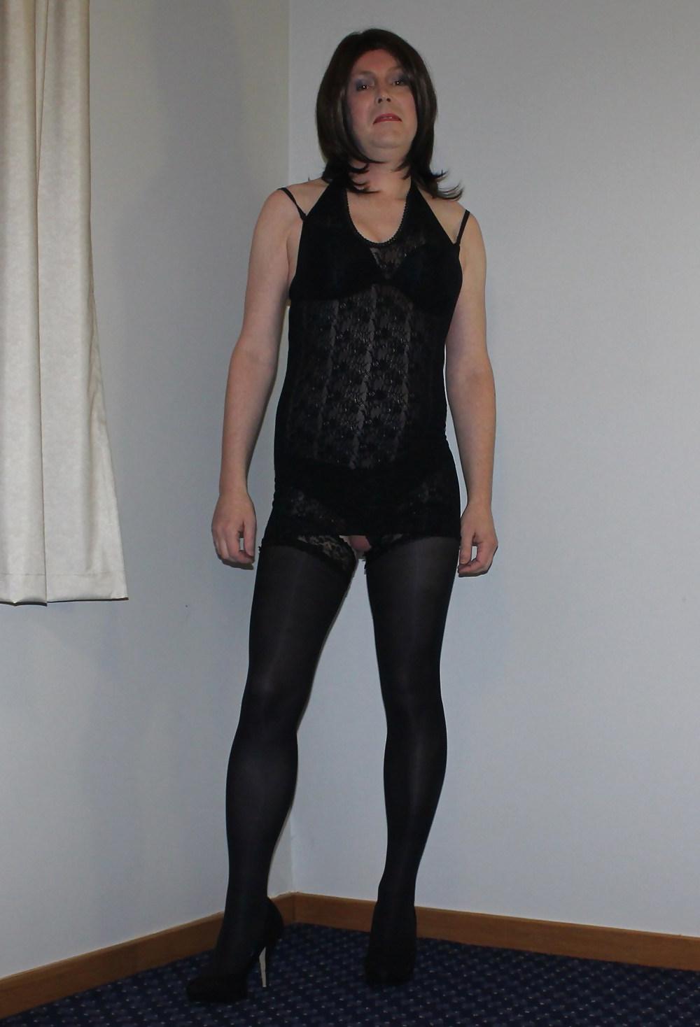 19P Shemale Emma Lee in black lace dress and hold up stockings