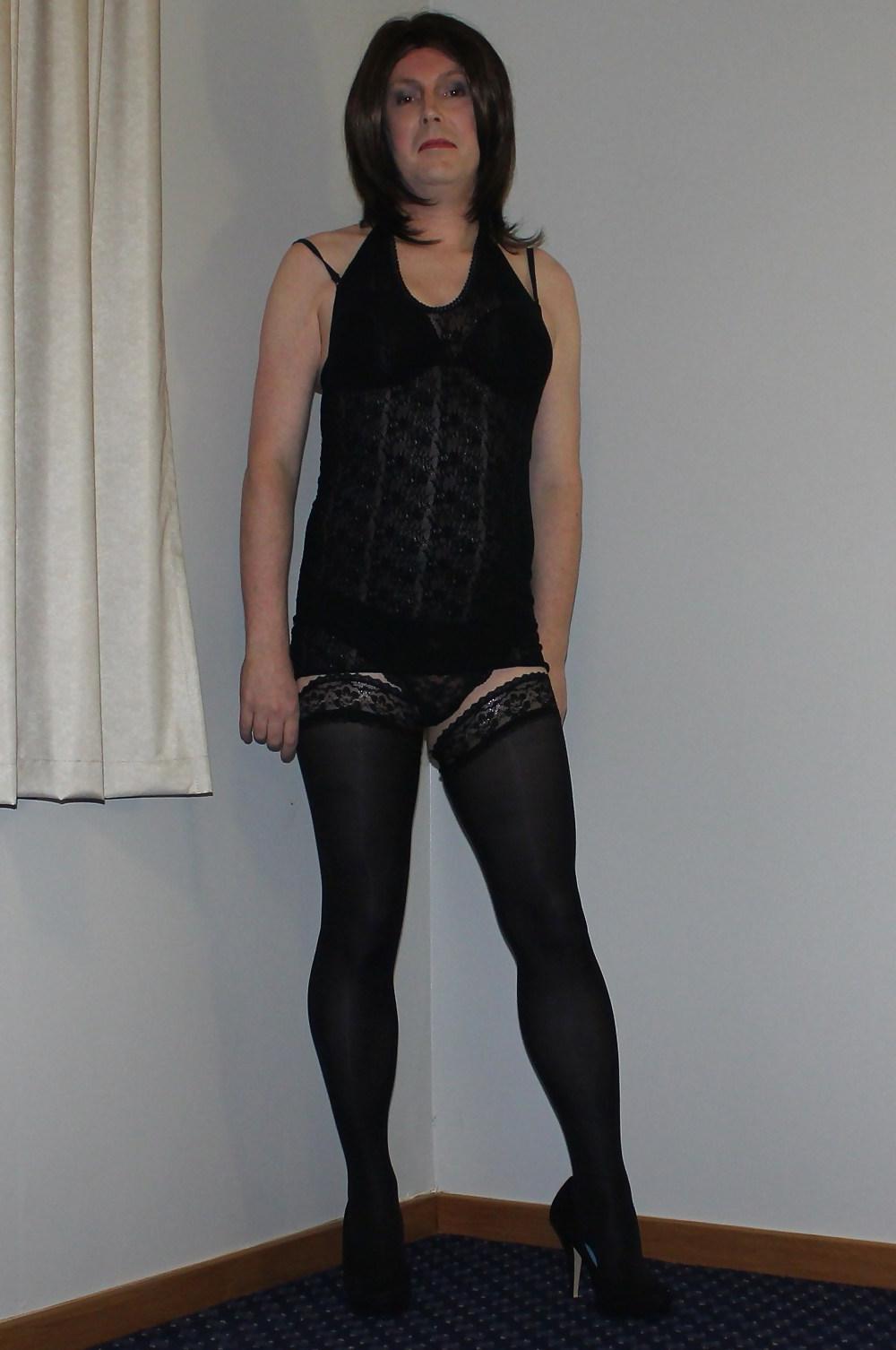 19P Shemale Emma Lee in black lace dress and hold up stockings