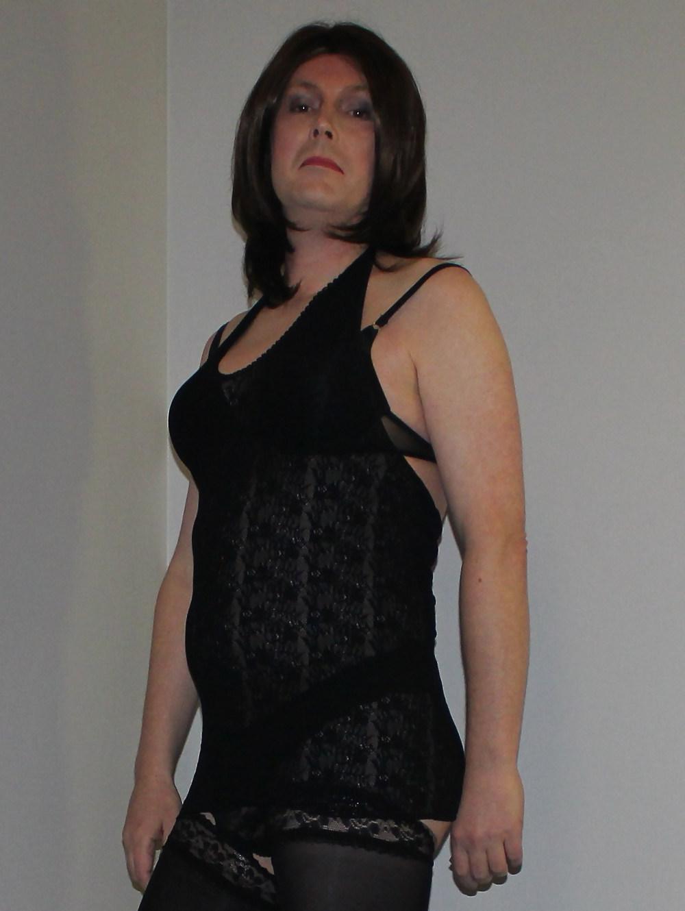 19P Shemale Emma Lee in black lace dress and hold up stockings