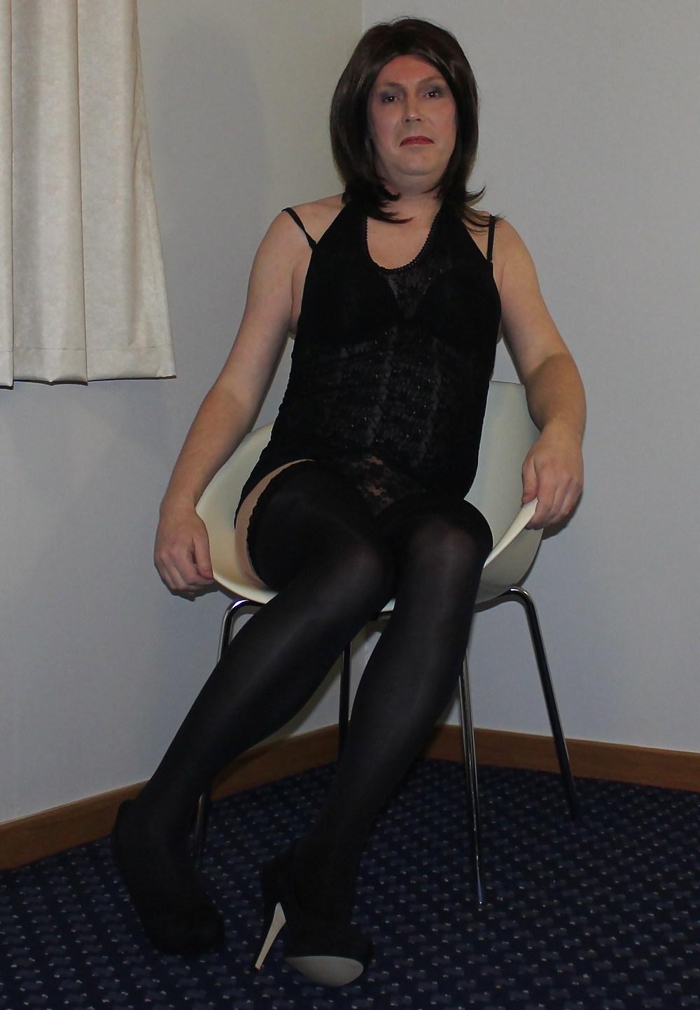 19P Shemale Emma Lee in black lace dress and hold up stockings