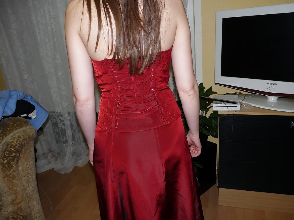5P Wifes sexy red shiny silk satin gala dress