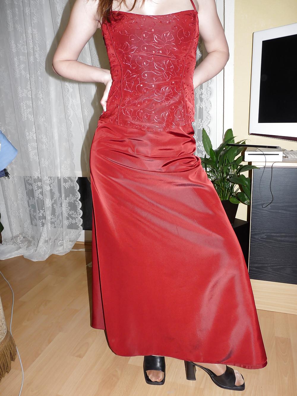 5P Wifes sexy red shiny silk satin gala dress