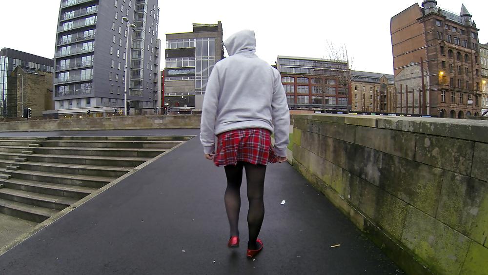 18P Public pink leotard upskirt flash