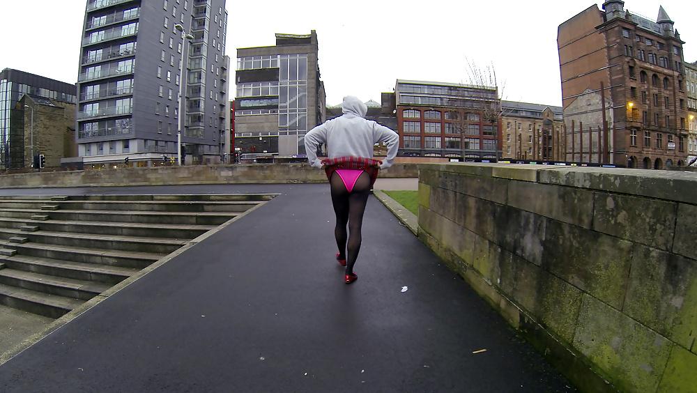 18P Public pink leotard upskirt flash