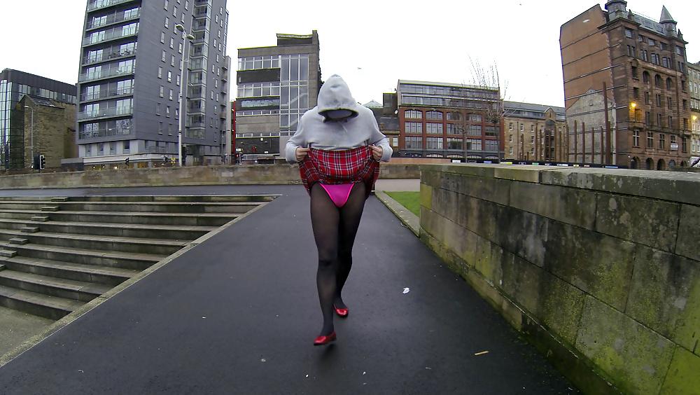 18P Public pink leotard upskirt flash