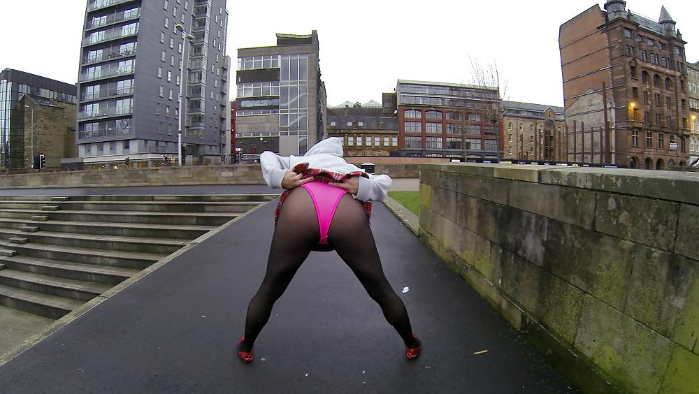 18P Public pink leotard upskirt flash