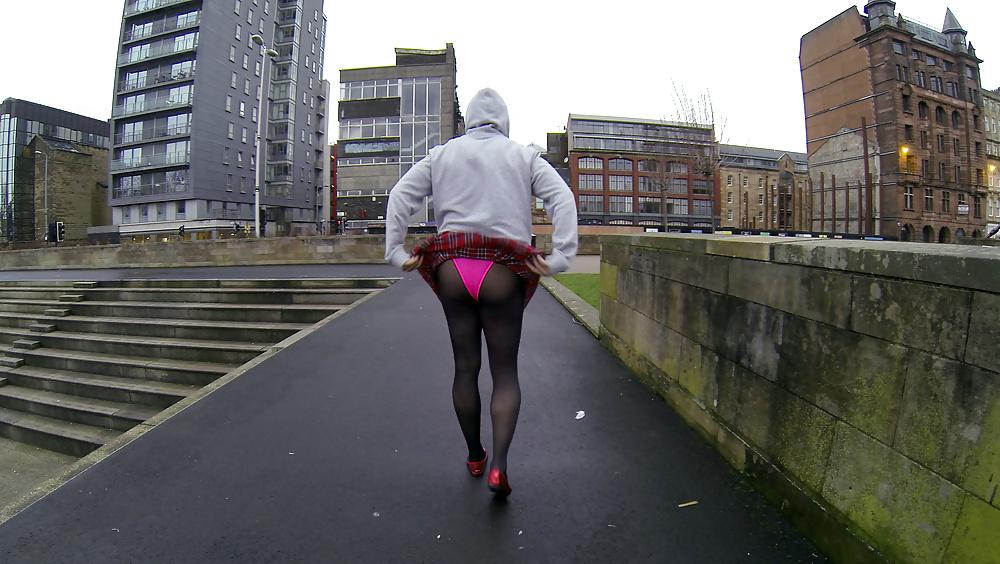 18P Public pink leotard upskirt flash