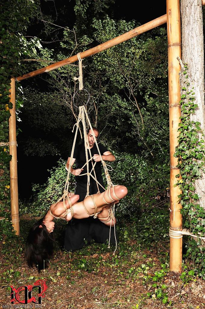 16P Asian BDSM feminine Marica Hase is tied up in forest by rude male