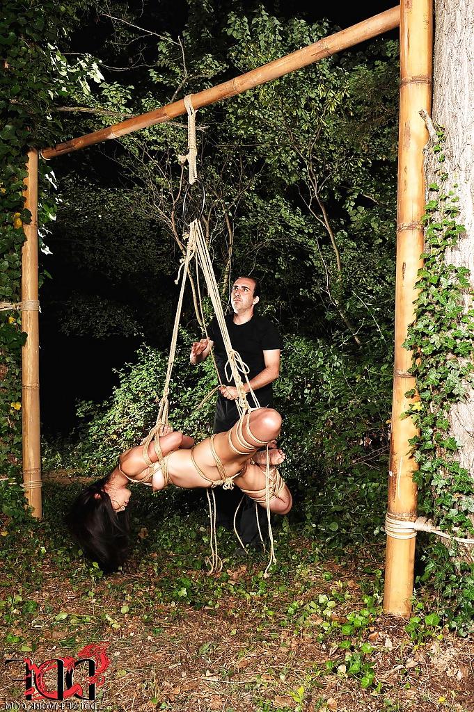 16P Asian BDSM feminine Marica Hase is tied up in forest by rude male