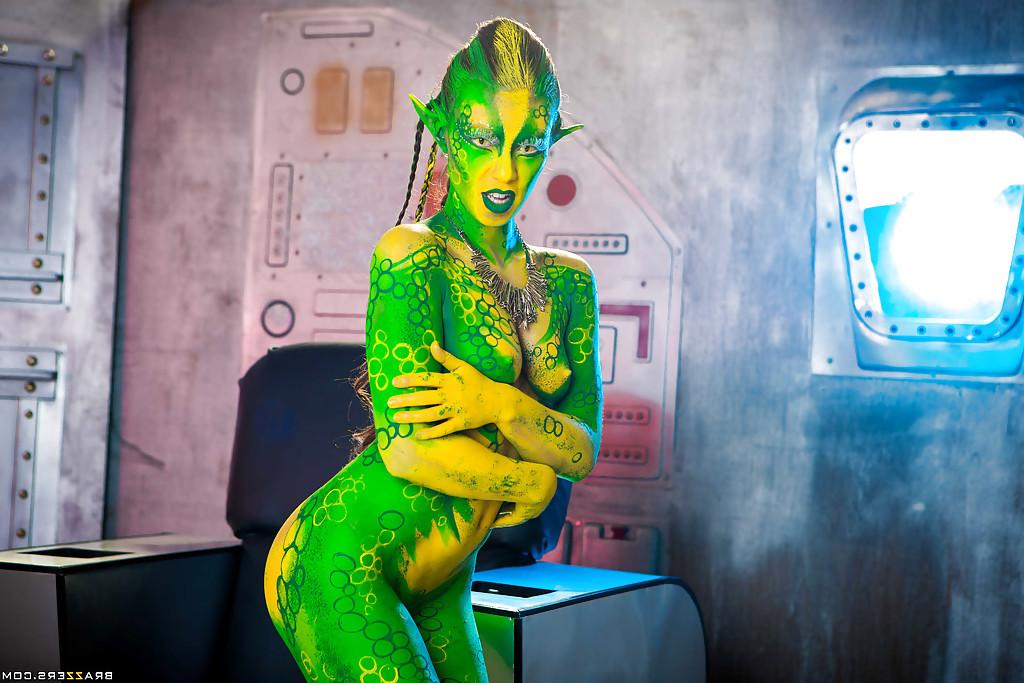16P Kinky cosplay chick Tiffany Doll posing in body paint uniform and spreading
