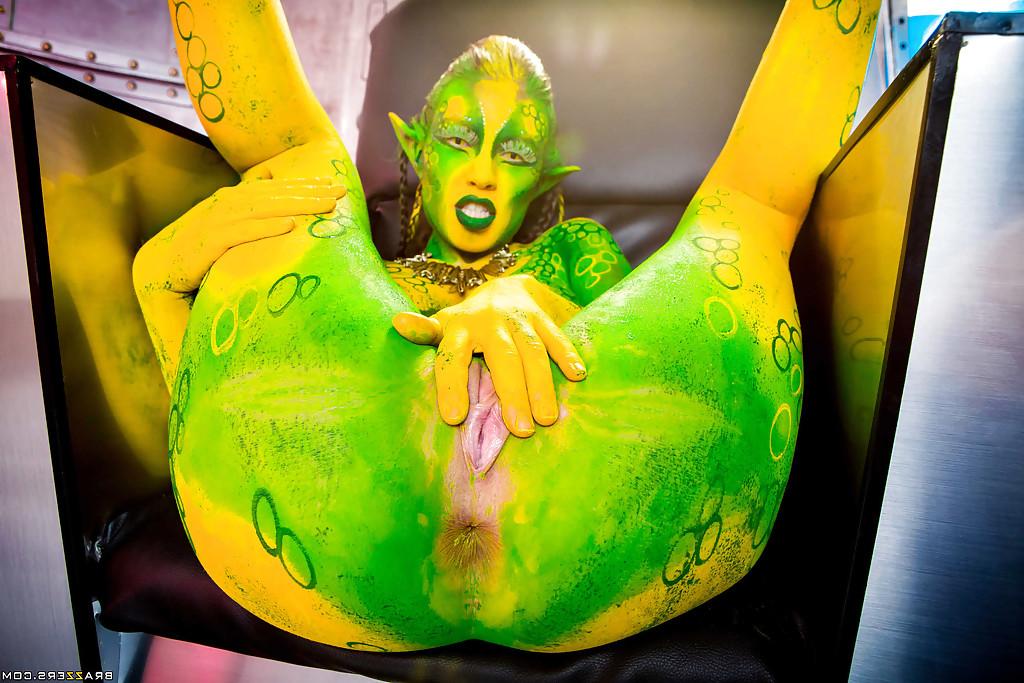16P Kinky cosplay chick Tiffany Doll posing in body paint uniform and spreading