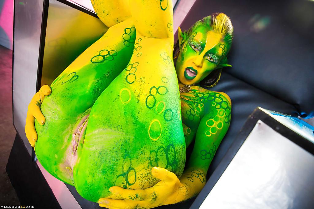 16P Kinky cosplay chick Tiffany Doll posing in body paint uniform and spreading
