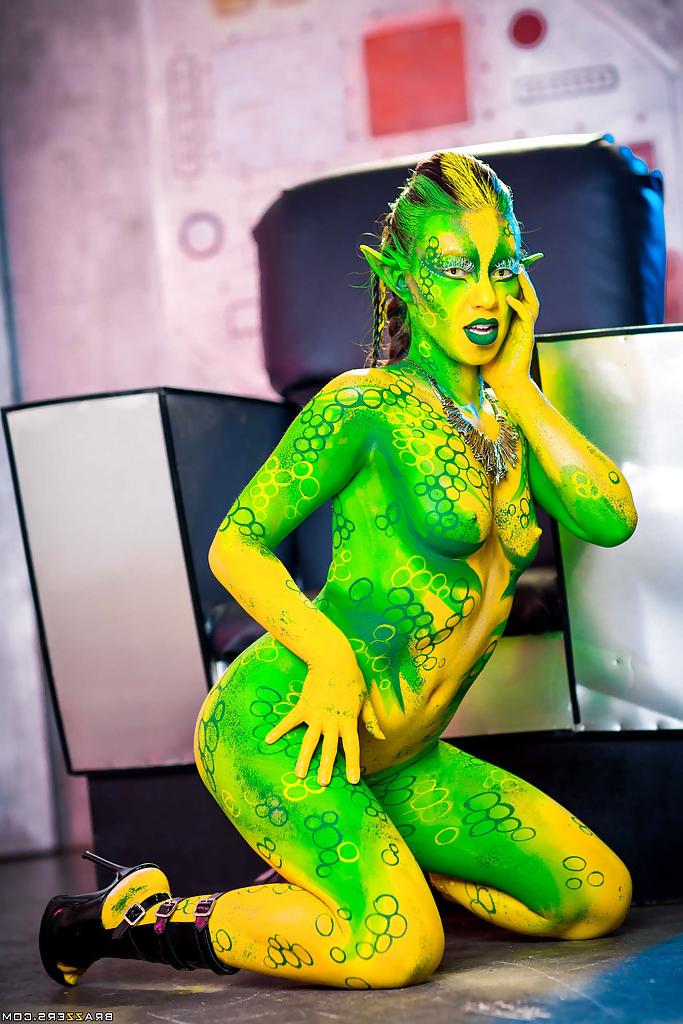 16P Kinky cosplay chick Tiffany Doll posing in body paint uniform and spreading
